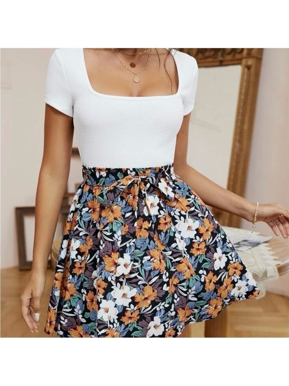 SHEIN 2 piece skirt  set- white short sleeve top with floral skirt